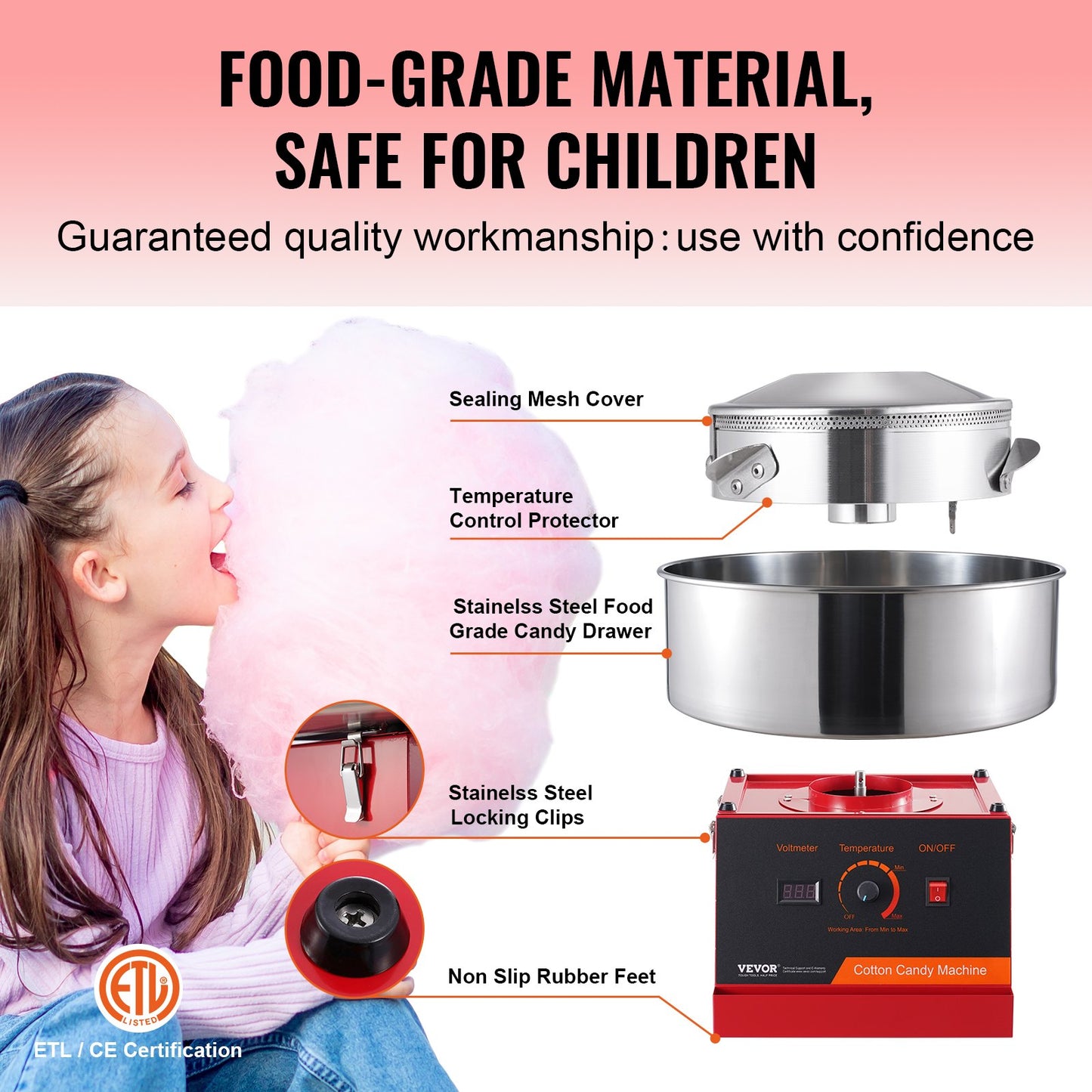 Electric Cotton Candy Machine, 1000W Candy Floss Maker, Commercial Cotton Candy Machine with Stainless Steel Bowl, and Sugar Scoop, Perfect for Home Kids Birthday, Family Party (Red)