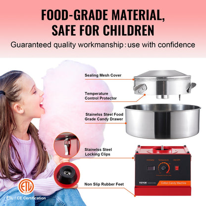 Electric Cotton Candy Machine, 1000W Candy Floss Maker, Commercial Cotton Candy Machine with Stainless Steel Bowl, and Sugar Scoop, Perfect for Home Kids Birthday, Family Party (Red)