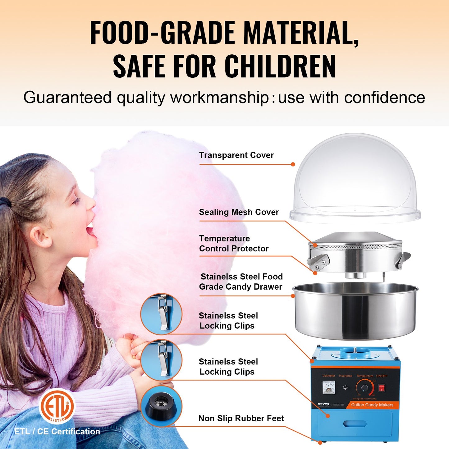 Electric Cotton Candy Machine, 1000W Candy Floss Maker, Commercial Cotton Candy Machine with Cover, Stainless Steel Bowl, Sugar Scoop, Drawer, Perfect for Home Kids Birthday, Family Party, Blue