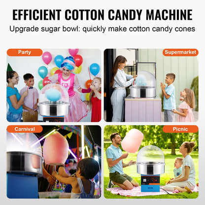 Electric Cotton Candy Machine, 1000W Candy Floss Maker, Commercial Cotton Candy Machine with Cover, Stainless Steel Bowl, Sugar Scoop, Drawer, Perfect for Home Kids Birthday, Family Party, Blue