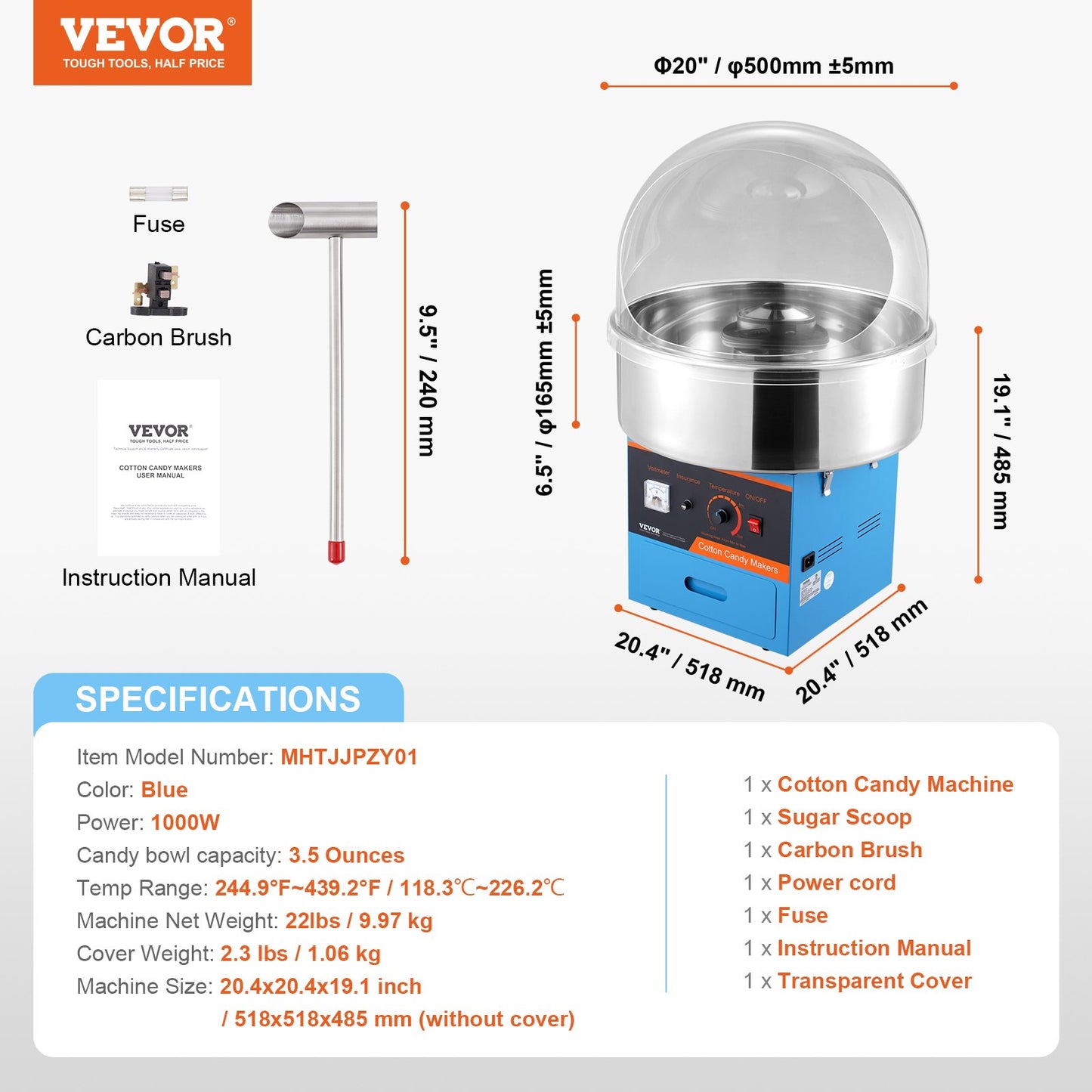 Electric Cotton Candy Machine, 1000W Candy Floss Maker, Commercial Cotton Candy Machine with Cover, Stainless Steel Bowl, Sugar Scoop, Drawer, Perfect for Home Kids Birthday, Family Party, Blue