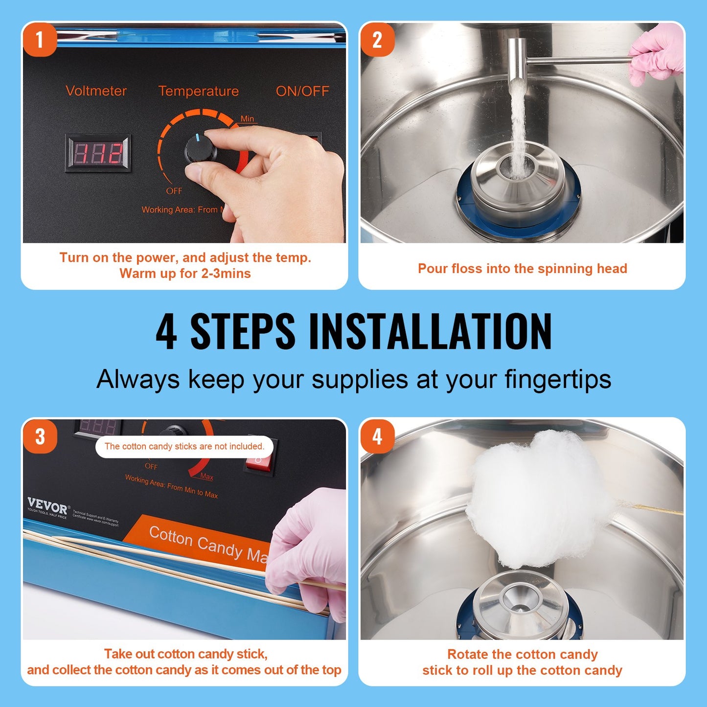 Electric Cotton Candy Machine, 1000W Candy Floss Maker, Commercial Cotton Candy Machine with Stainless Steel Bowl, and Sugar Scoop, Perfect for Home Kids Birthday, Family Party (Blue)