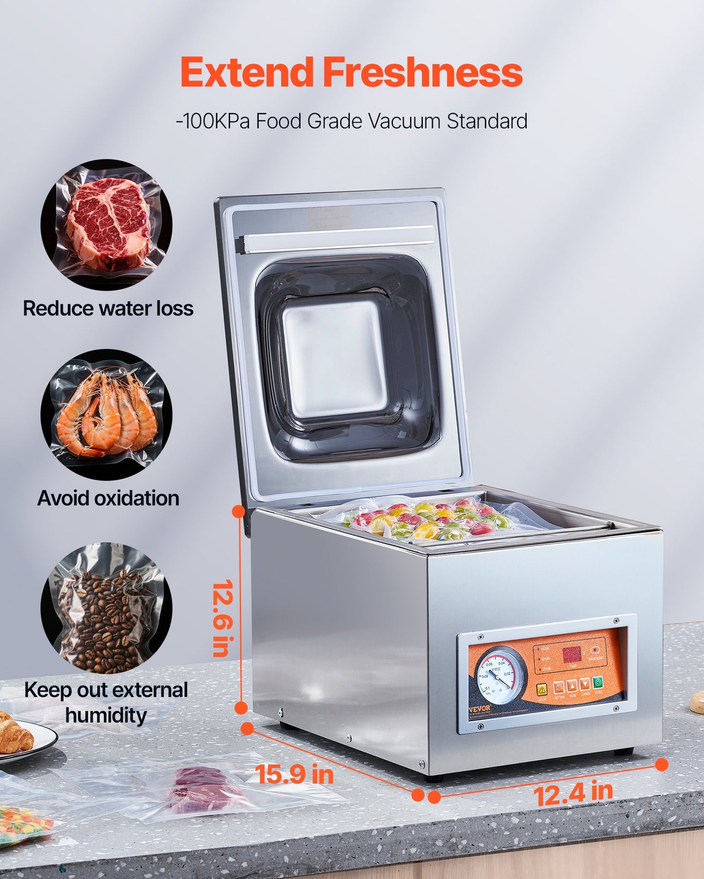 Chamber Vacuum Sealer, 260W Sealing Power, Vacuum Packing Machine for Wet Foods, Meats, Marinades and More, Compact Size with 260 mm Sealing Length, Applied in Home Kitchen and Commercial Use