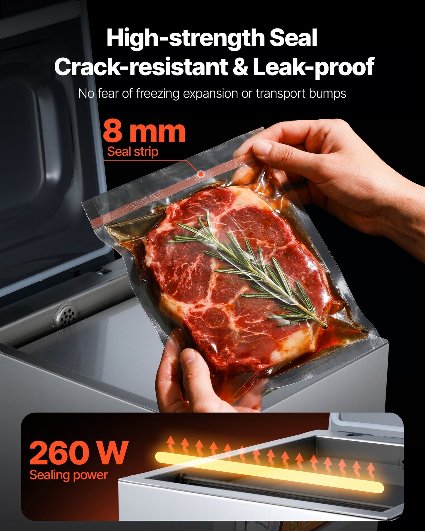 Chamber Vacuum Sealer, 260W Sealing Power, Vacuum Packing Machine for Wet Foods, Meats, Marinades and More, Compact Size with 260 mm Sealing Length, Applied in Home Kitchen and Commercial Use