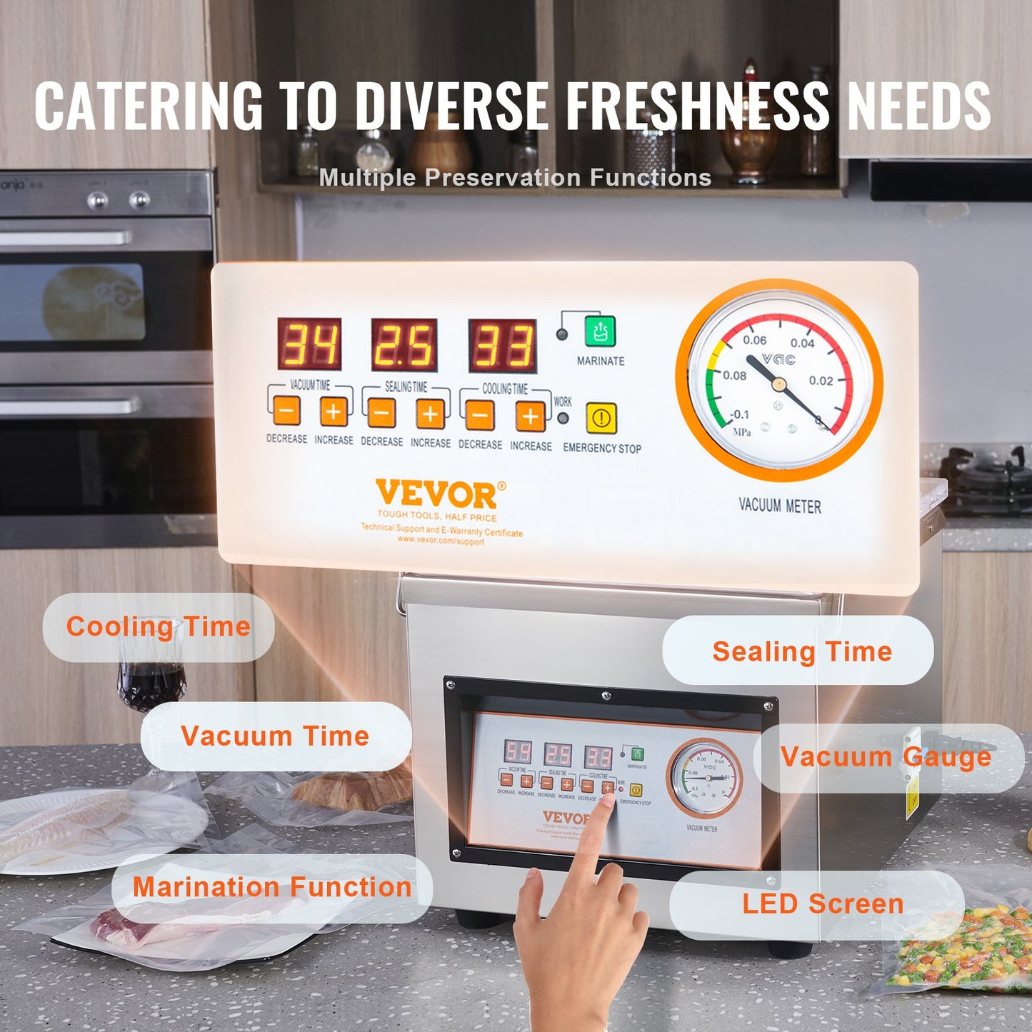 Kammarvakuumförslutare, 320 W förslutningseffekt, vakuumförpackningsmaskin för våtmat, kött, marinader med mera, kompakt storlek med 320 mm förslutningslängd, används i hemmakök och kommersiellt bruk