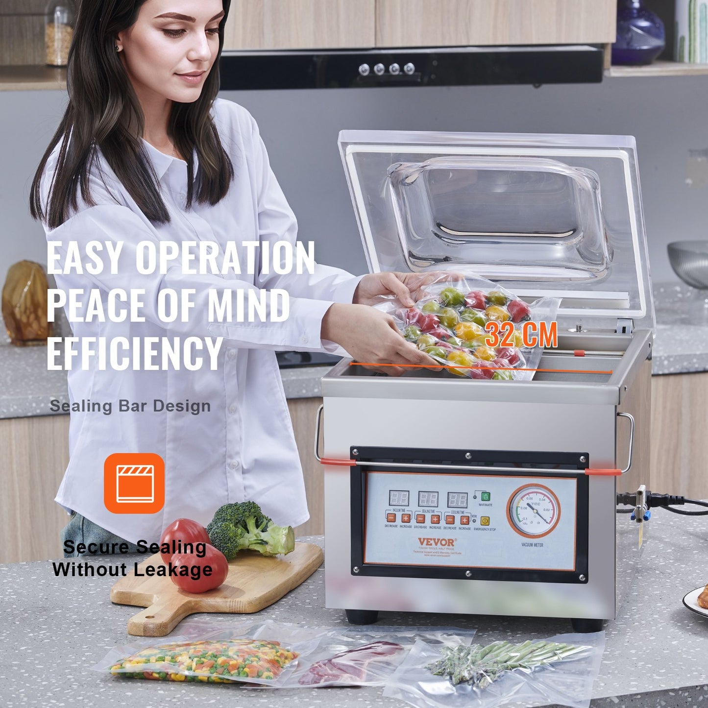 Kammarvakuumförslutare, 320 W förslutningseffekt, vakuumförpackningsmaskin för våtmat, kött, marinader med mera, kompakt storlek med 320 mm förslutningslängd, används i hemmakök och kommersiellt bruk