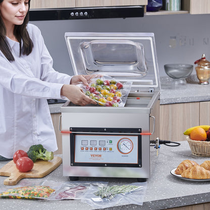 Kammarvakuumförslutare, 320 W förslutningseffekt, vakuumförpackningsmaskin för våtmat, kött, marinader med mera, kompakt storlek med 320 mm förslutningslängd, används i hemmakök och kommersiellt bruk