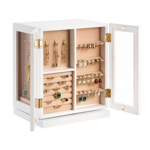 Jewelry Box, 360° Rotating Jewelry Organizer with 5 Drawers, Acrylic Window, 4 Necklace Hooks on Each Side, Spacious Storage Case with Metal Handles, Bottom Pad and Soft Velvet Lining, White