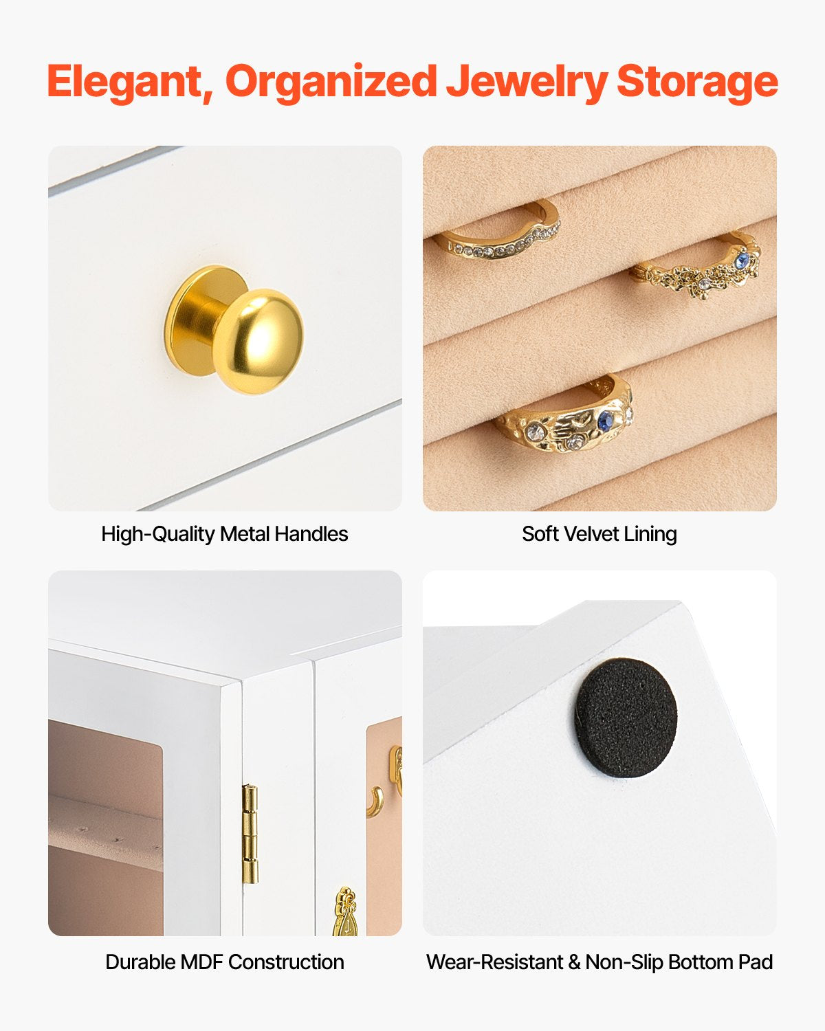 Smyckeskrin, 360° roterande smyckeorganisatör med 5 lådor, akrylfönster, 4 halsbandskrokar på varje sida, rymligt förvaringsfodral med metallhandtag, bottenplatta och mjukt sammetsfoder, vit