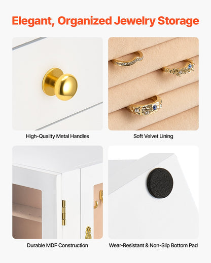 Smyckeskrin, 360° roterande smyckeorganisatör med 5 lådor, akrylfönster, 4 halsbandskrokar på varje sida, rymligt förvaringsfodral med metallhandtag, bottenplatta och mjukt sammetsfoder, vit