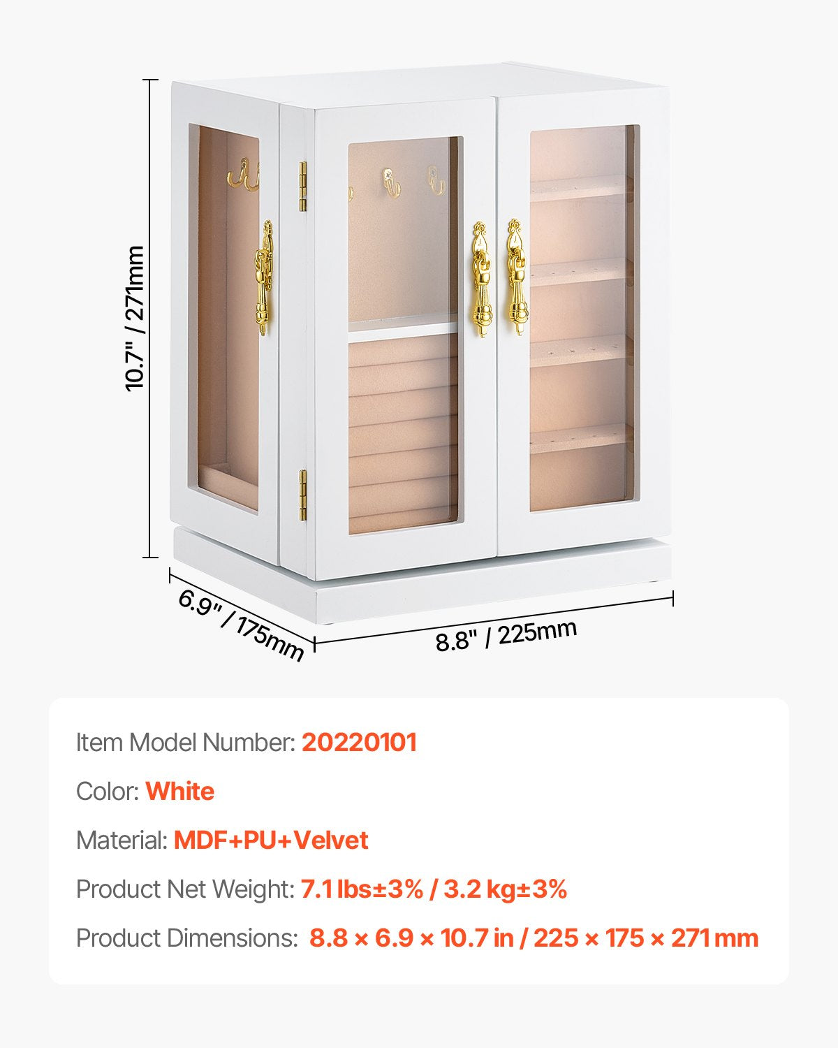 Smyckeskrin, 360° roterande smyckeorganisatör med 5 lådor, akrylfönster, 4 halsbandskrokar på varje sida, rymligt förvaringsfodral med metallhandtag, bottenplatta och mjukt sammetsfoder, vit