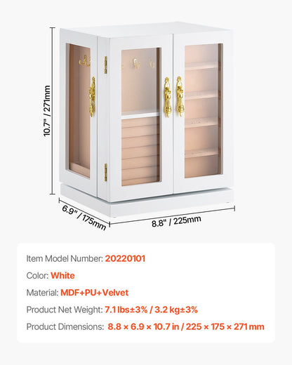 Smyckeskrin, 360° roterande smyckeorganisatör med 5 lådor, akrylfönster, 4 halsbandskrokar på varje sida, rymligt förvaringsfodral med metallhandtag, bottenplatta och mjukt sammetsfoder, vit