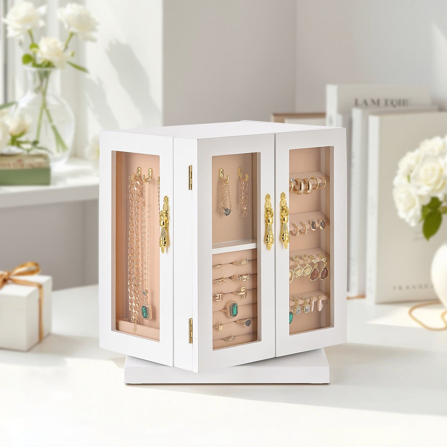 Smyckeskrin, 360° roterande smyckeorganisatör med 5 lådor, akrylfönster, 4 halsbandskrokar på varje sida, rymligt förvaringsfodral med metallhandtag, bottenplatta och mjukt sammetsfoder, vit