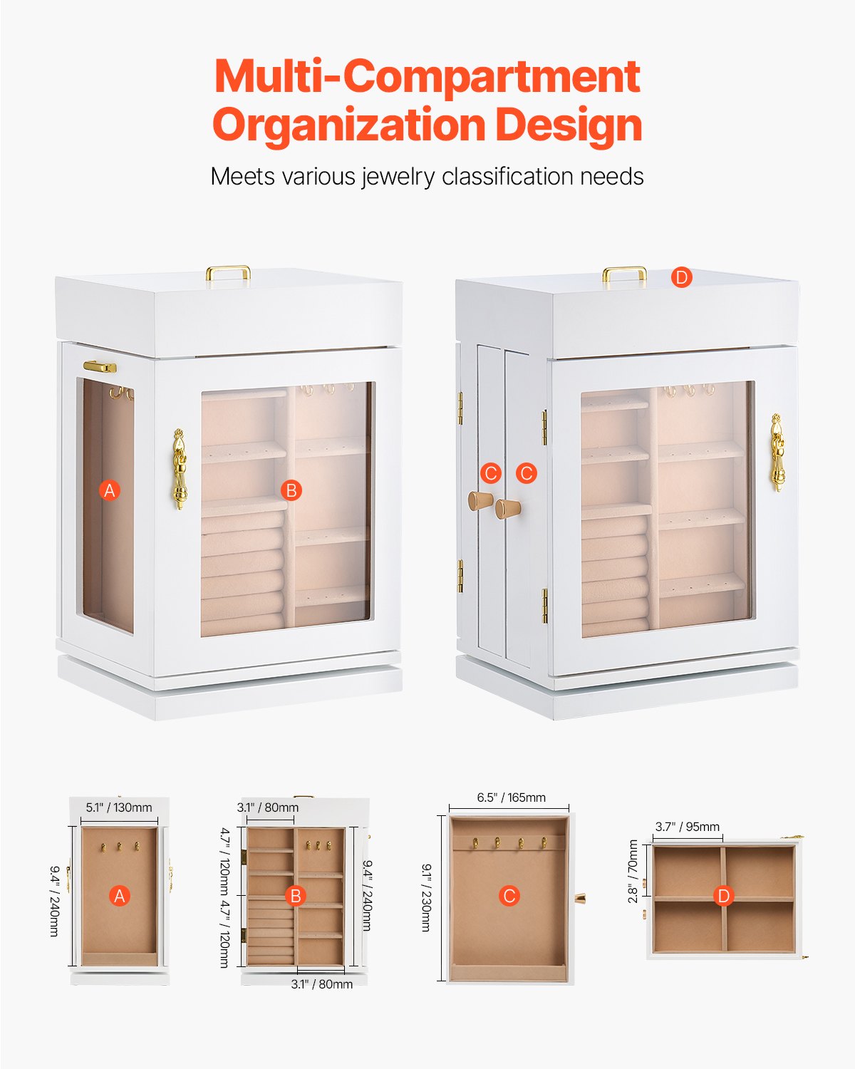 Jewelry Box, 360° Rotating Jewelry Organizer with Magnetic Door, Acrylic Window and Built-in 4 Necklace Hooks, Spacious Storage Case with Metal Handles, Bottom Pad and Soft Flannel Lining, White