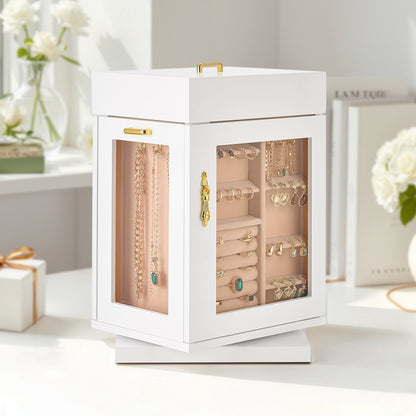 Jewelry Box, 360° Rotating Jewelry Organizer with Magnetic Door, Acrylic Window and Built-in 4 Necklace Hooks, Spacious Storage Case with Metal Handles, Bottom Pad and Soft Flannel Lining, White