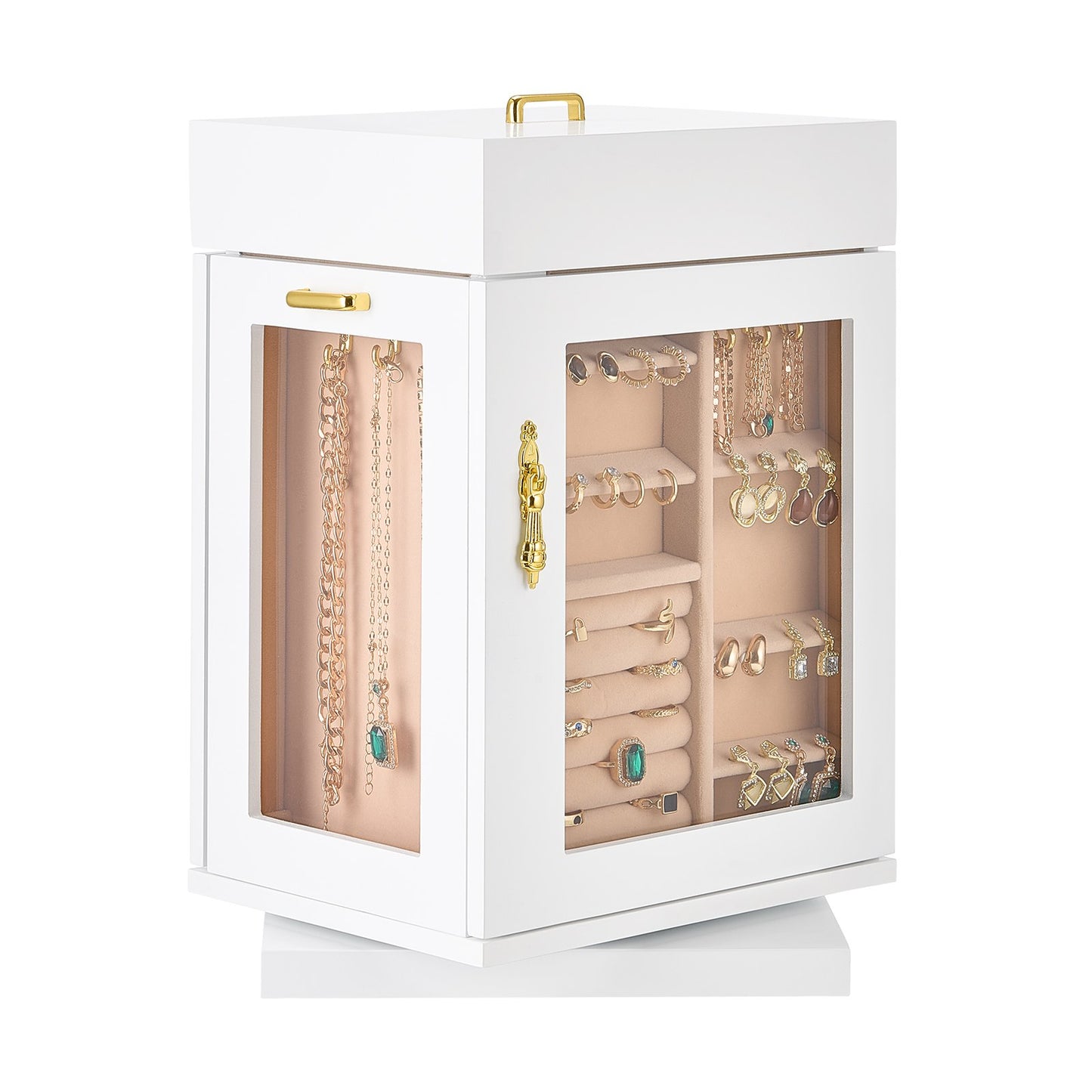 Jewelry Box, 360° Rotating Jewelry Organizer with Magnetic Door, Acrylic Window and Built-in 4 Necklace Hooks, Spacious Storage Case with Metal Handles, Bottom Pad and Soft Flannel Lining, White