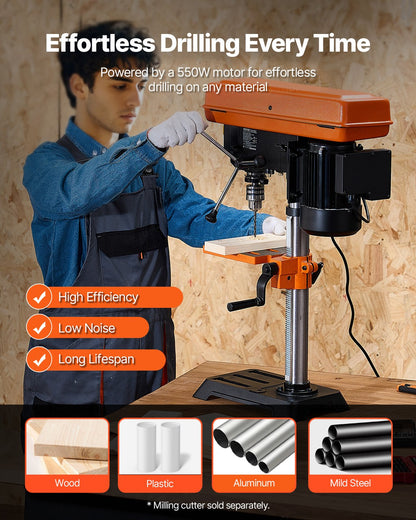 254 mm Benchtop Drill Press, 550W Induction Motor, Tabletop Drilling Machine with 550 / 950 / 1500 / 2000 / 2500 RPM Adjustable Speed, 0-45° Tilting Worktable, X-Ray Positioning, for Wood Metal