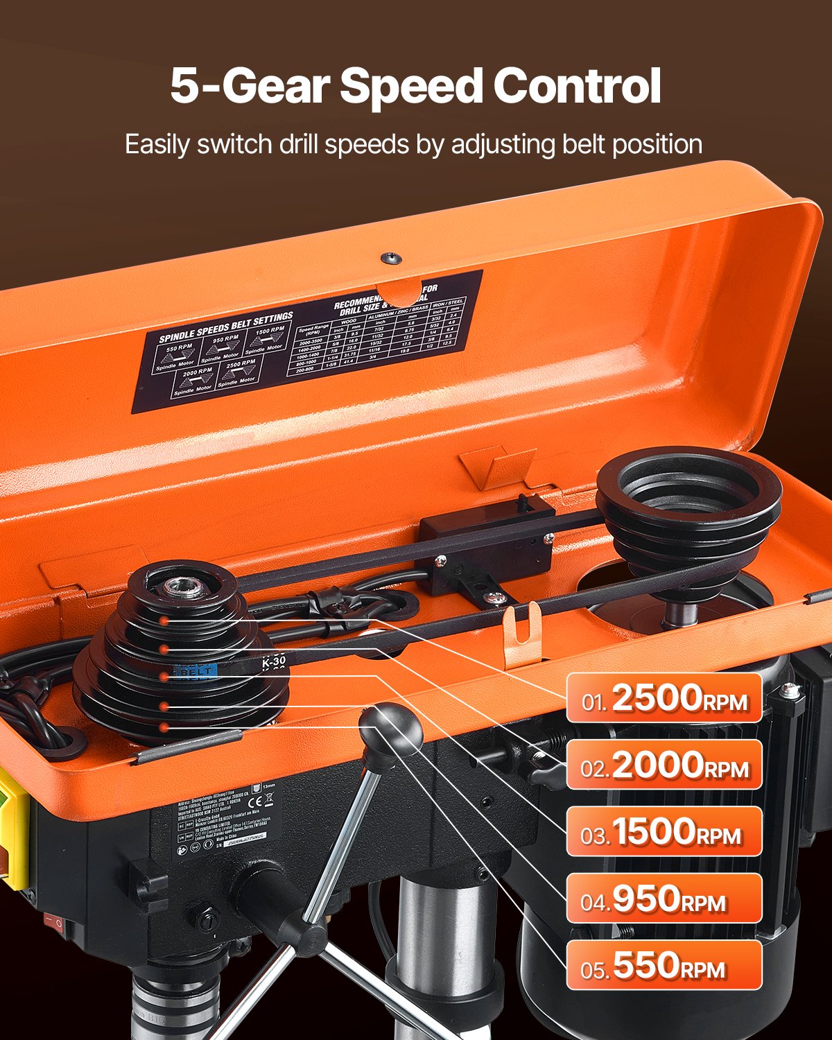 254 mm Benchtop Drill Press, 550W Induction Motor, Tabletop Drilling Machine with 550 / 950 / 1500 / 2000 / 2500 RPM Adjustable Speed, 0-45° Tilting Worktable, X-Ray Positioning, for Wood Metal