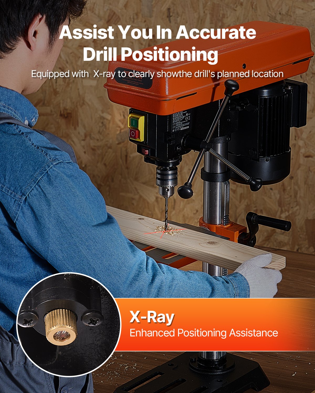 254 mm Benchtop Drill Press, 550W Induction Motor, Tabletop Drilling Machine with 550 / 950 / 1500 / 2000 / 2500 RPM Adjustable Speed, 0-45° Tilting Worktable, X-Ray Positioning, for Wood Metal