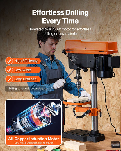 304.8 mm Benchtop Drill Press, 750W, 340-2200 RPM Variable Speed Bench Drill Press, with 0-45° Tilting Worktable, LED Work Light, X-ray Positioning, Tabletop Drilling Machine for Wood Metal