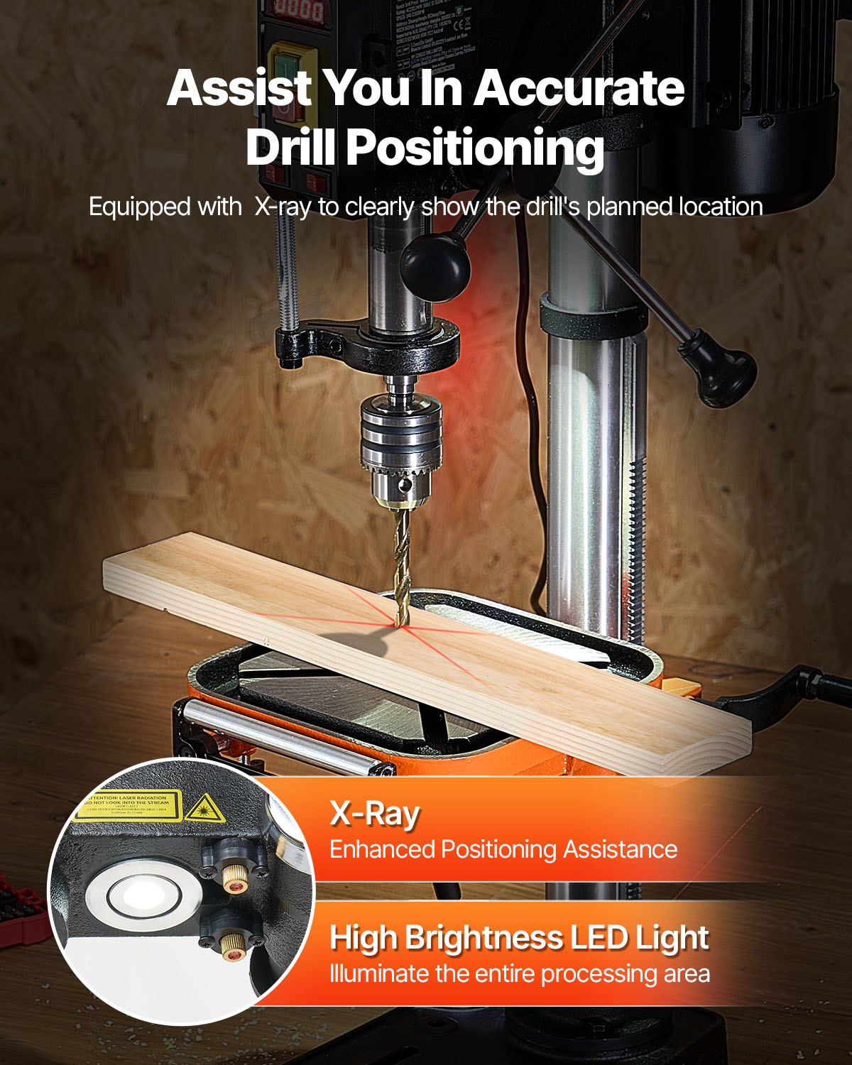 304.8 mm Benchtop Drill Press, 750W, 340-2200 RPM Variable Speed Bench Drill Press, with 0-45° Tilting Worktable, LED Work Light, X-ray Positioning, Tabletop Drilling Machine for Wood Metal