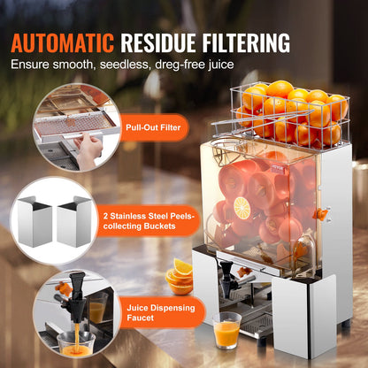 Commercial Orange Juicer Machine, 120W Automatic Juice Extractor with Water Tap, Stainless Steel Orange Squeezer 20 Oranges/Minute, with Pull-Out Filter Box, PC Cover, 2 Peel Collecting Buckets