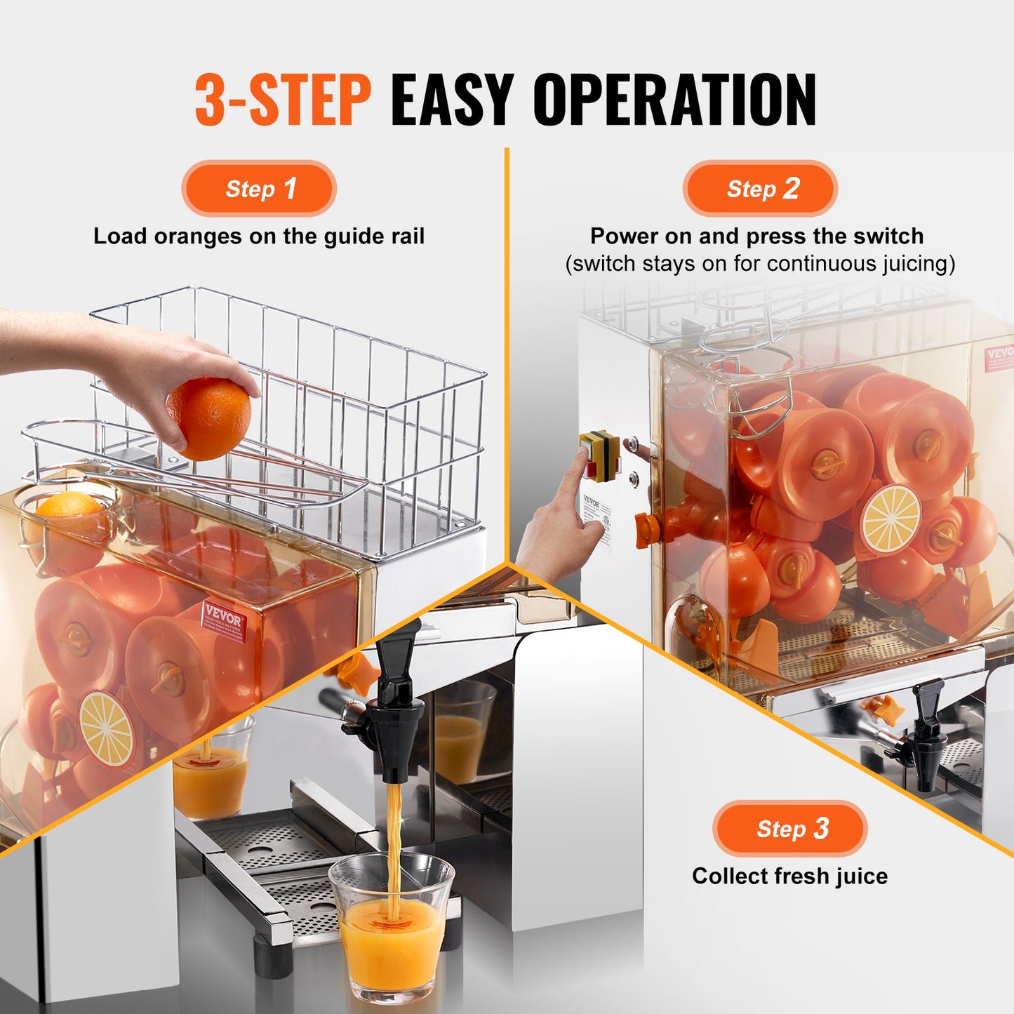 Commercial Orange Juicer Machine, 120W Automatic Juice Extractor with Water Tap, Stainless Steel Orange Squeezer 20 Oranges/Minute, with Pull-Out Filter Box, PC Cover, 2 Peel Collecting Buckets