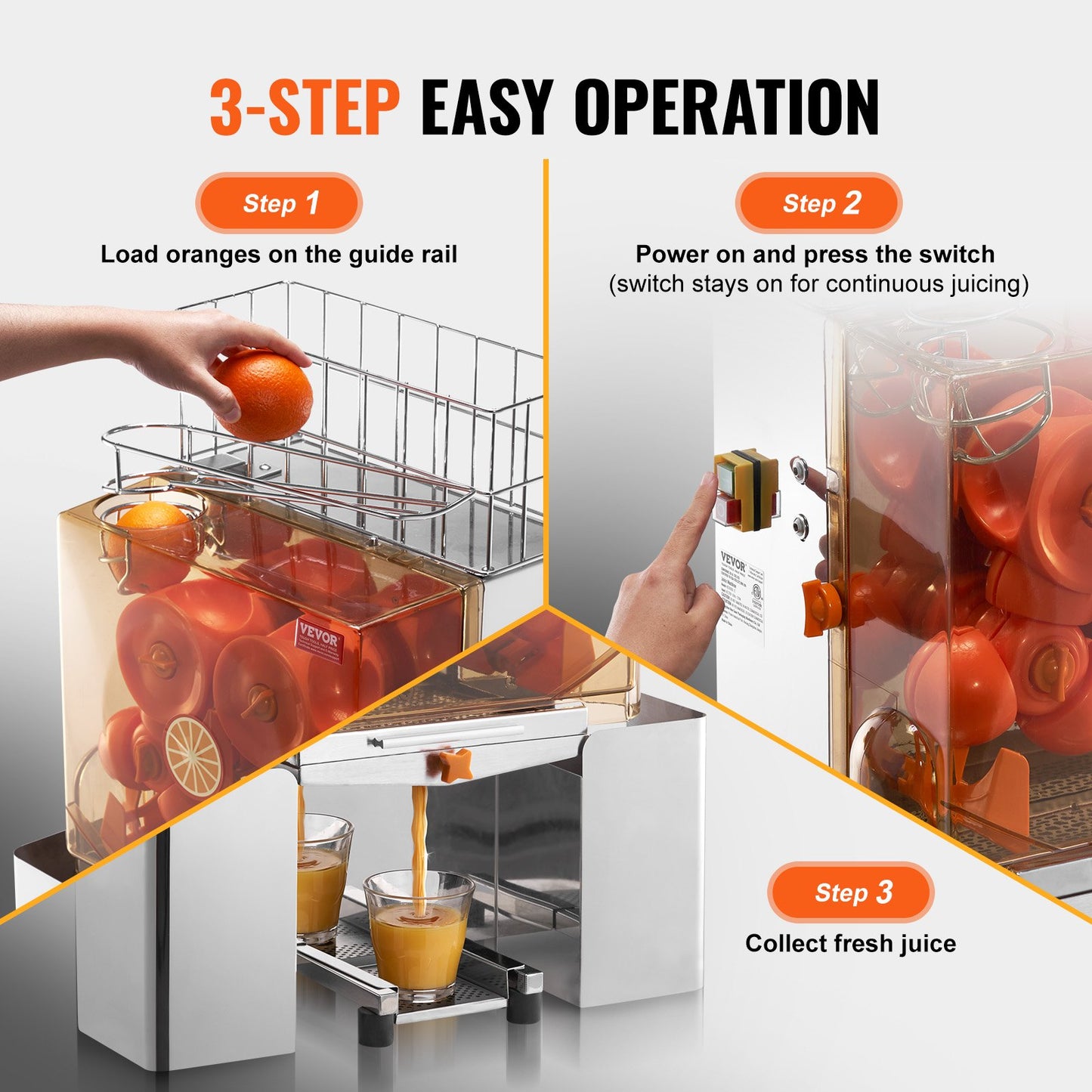 Commercial Orange Juicer Machine, 120W Automatic Juice Extractor, Stainless Steel Orange Squeezer for 20 Oranges Per Minute, with Pull-Out Filter Box, PC Cover, 2 Peel Collecting Buckets