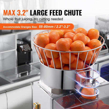 Commercial Orange Juicer Machine, 120W Automatic Feeding Juice Extractor, Stainless Steel Juice Extractor for 25 Oranges Per Minute, with Pull-Out Filter Box, PC Cover, 2 Peel Collecting Buckets