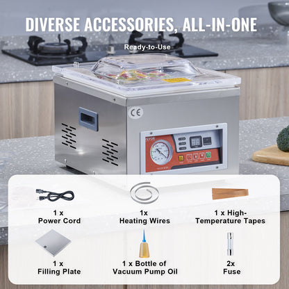 Chamber Vacuum Sealer, 260W Sealing Power, Vacuum Packing Machine for Wet Foods, Meats, Marinades and More, Compact Size with 10.2" Sealing Length, Applied in Home Kitchen and Commercial Use