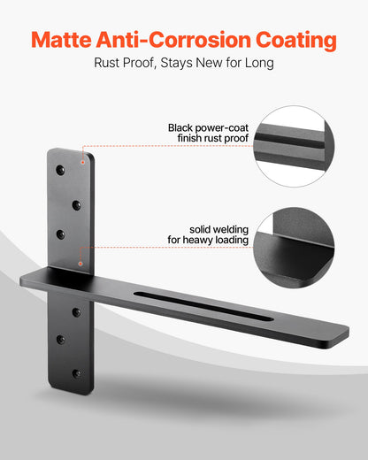 T Shelf Brackets 2 Pcs, 200 lbs/90 kg Weight Capacity, 16x2.89x12 in / 406.4x73.5x304.8 mm, Solid Steel Heavy Duty Brackets for Shelves, Countertop Support Floating Bracket Hardware with Screws