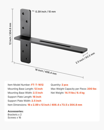 T Shelf Brackets 2 Pcs, 200 lbs/90 kg Weight Capacity, 16x2.89x12 in / 406.4x73.5x304.8 mm, Solid Steel Heavy Duty Brackets for Shelves, Countertop Support Floating Bracket Hardware with Screws