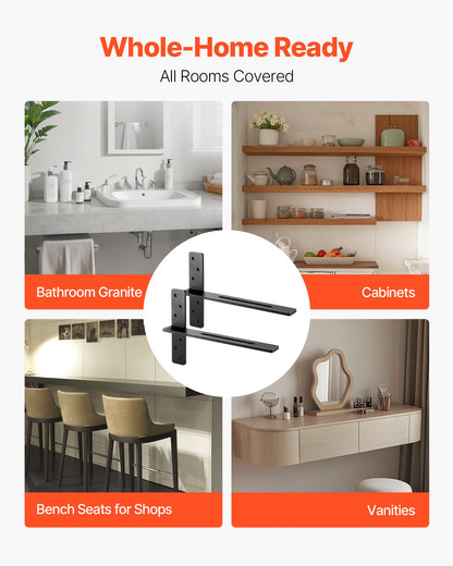 T Shelf Brackets 2 Pcs, 200 lbs/90 kg Weight Capacity, 18x2.89x12 in / 457.2x73.5x304.8 mm, Solid Steel Heavy Duty Brackets for Shelves, Countertop Support Floating Bracket Hardware with Screws