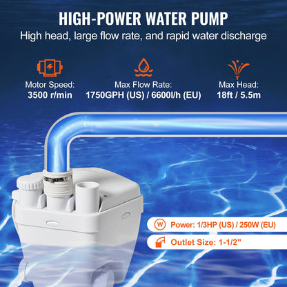 Utility Sink Pump Laundry Sink Drain Pump System 200W 1500GPH 548.6 cm Head 3.8 cm Outlet Low Drainage Outlet Corrosion-resistant Low Noise for Villa Basements, Washing Machines, Versatile Sinks and Bars