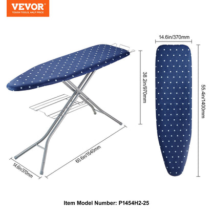 Ironing Board with Bottom Storage Tray, Thickened 4 Layers Iron Board with Heat Resistant Cover and 100% Cotton Cover, 10 Adjustable Heights Ironing Board for Home Laundry Room Use (Size 55x15)