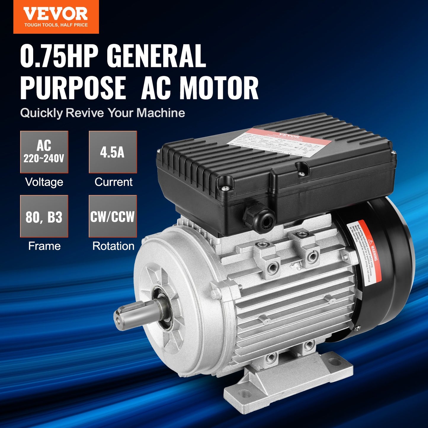 0.55KW Electric Motor 1400 rpm, AC 220~240V 4.5A, 80, B3 Frame, Air Compressor Motor Single Phase, 19mm Keyed Shaft, CW/CCW Rotation for Agricultural Machinery and General Equipment