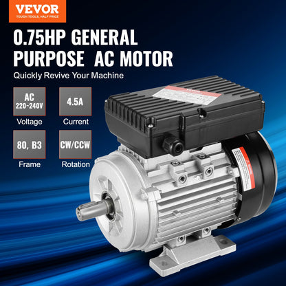 0.55KW Electric Motor 1400 rpm, AC 220~240V 4.5A, 80, B3 Frame, Air Compressor Motor Single Phase, 19mm Keyed Shaft, CW/CCW Rotation for Agricultural Machinery and General Equipment