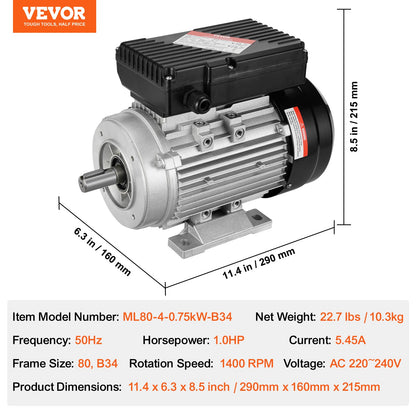 0.75KW Electric Motor 1400 rpm, AC 220~240V 5.45A, 80, B34 Frame, Air Compressor Motor Single Phase, 19mm Keyed Shaft, CW/CCW Rotation for Agricultural Machinery and General Equipment