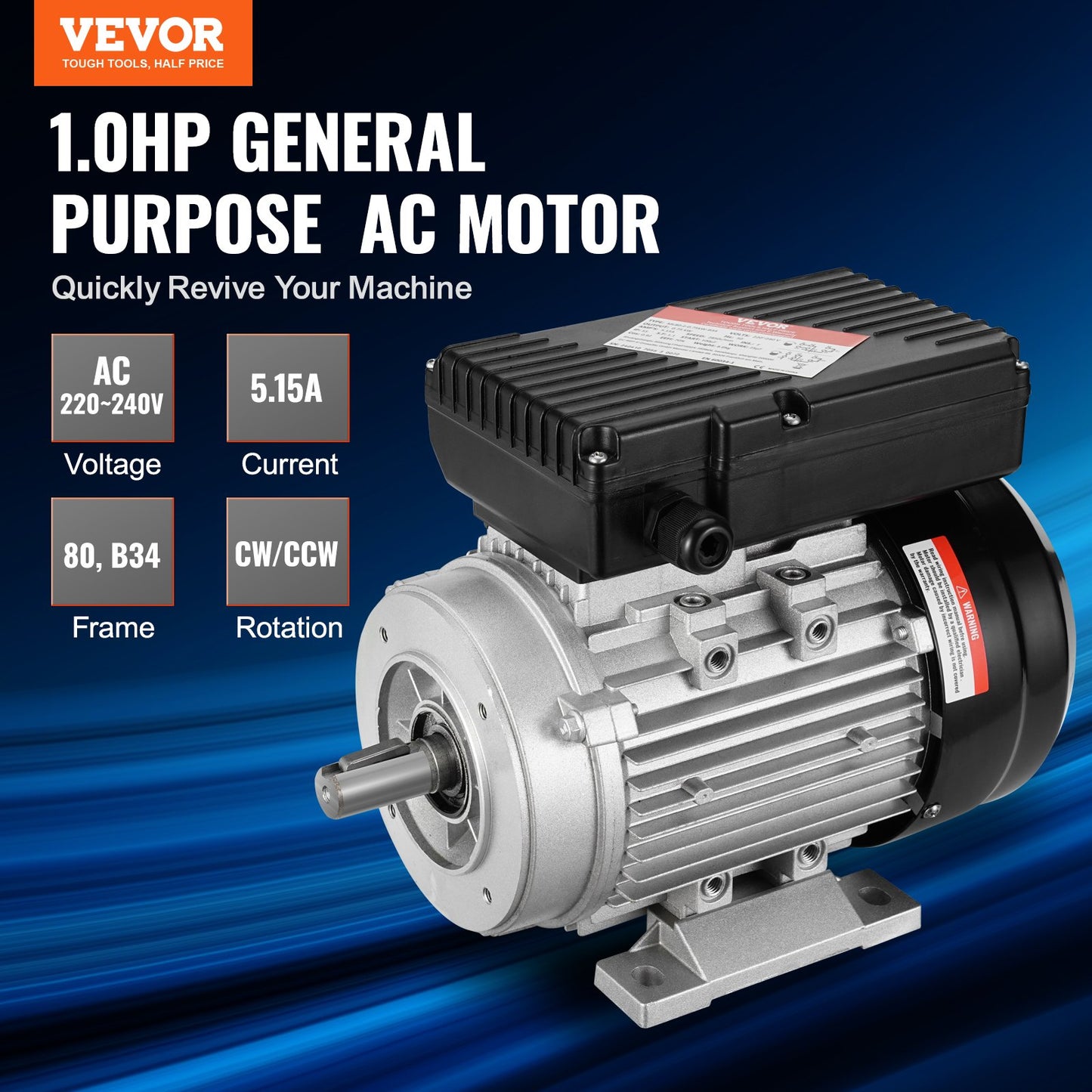 0.75KW Electric Motor 2850 rpm, AC 220~240V 5.15A, 80, B34 Frame, Air Compressor Motor Single Phase, 19mm Keyed Shaft, CW/CCW Rotation for Agricultural Machinery and General Equipment