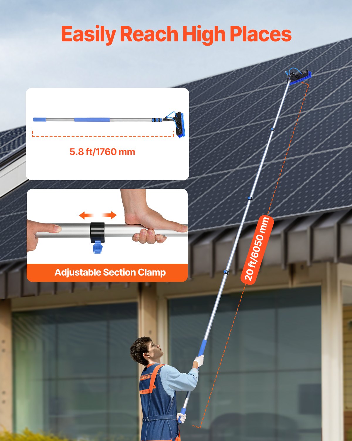 Water Fed Pole Kit, 6m Solar Panel Cleaning Pole with Extendable Handle, 180° Rotatable Brush Head & 20m Hose, Household & Outdoor Window Cleaner Tool for Caravan Solar Panel Deck