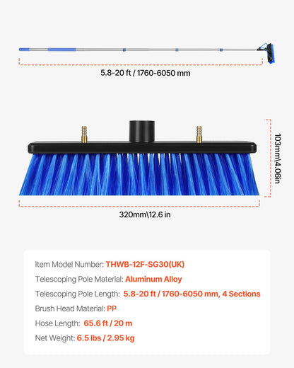 Water Fed Pole Kit, 6m Solar Panel Cleaning Pole with Extendable Handle, 180° Rotatable Brush Head & 20m Hose, Household & Outdoor Window Cleaner Tool for Caravan Solar Panel Deck