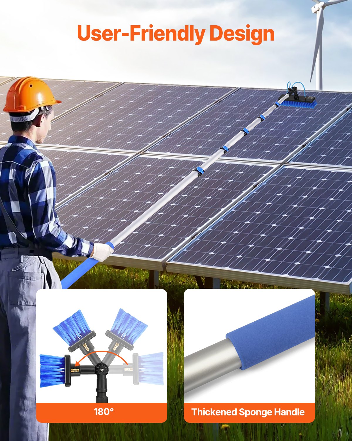 Water Fed Pole Kit, 11m Solar Panel Cleaning Pole with Extendable Handle, 180° Rotatable Brush Head & 20m Hose, Household & Outdoor Window Cleaner Tool for Caravan Solar Panel Deck