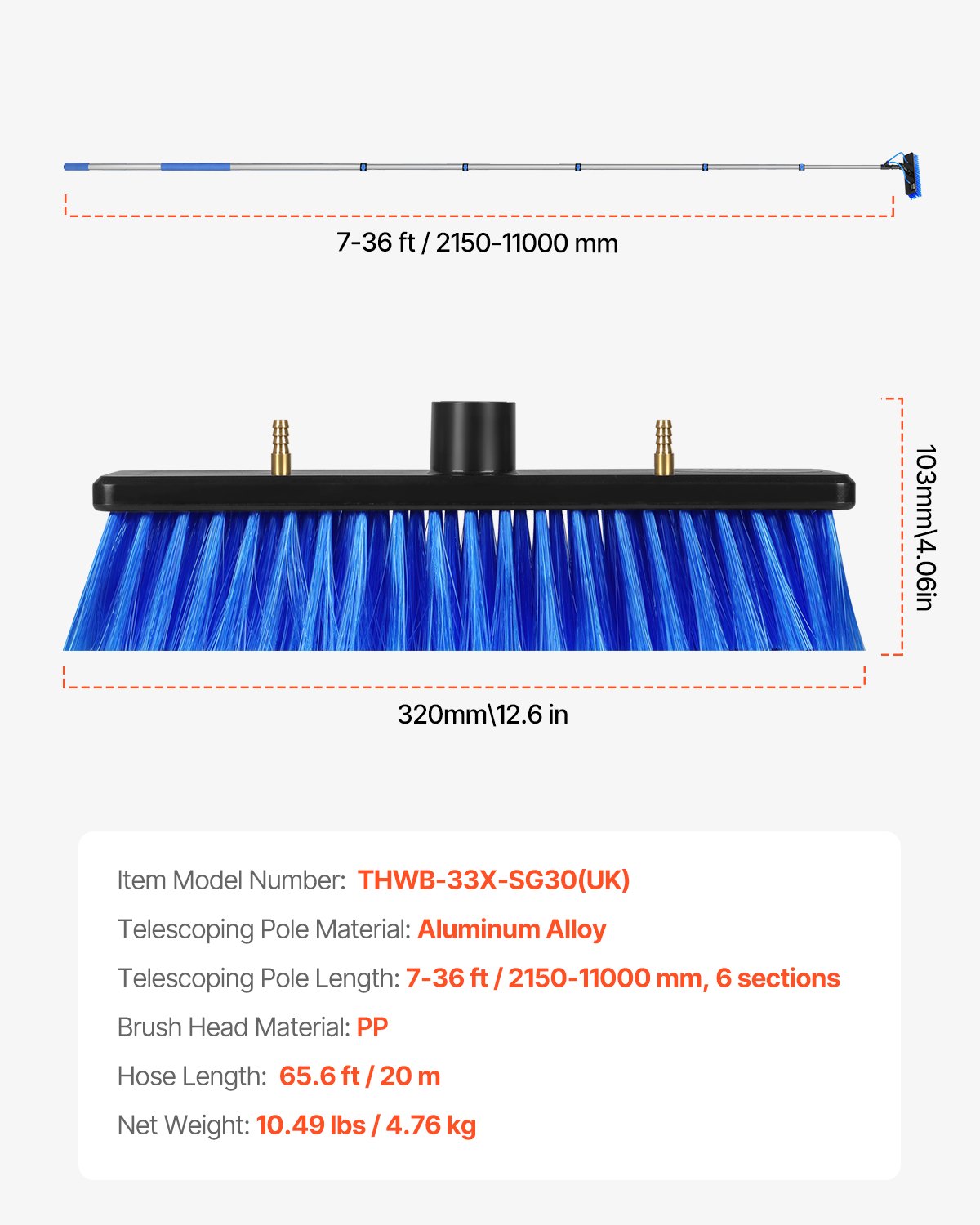Water Fed Pole Kit, 11m Solar Panel Cleaning Pole with Extendable Handle, 180° Rotatable Brush Head & 20m Hose, Household & Outdoor Window Cleaner Tool for Caravan Solar Panel Deck
