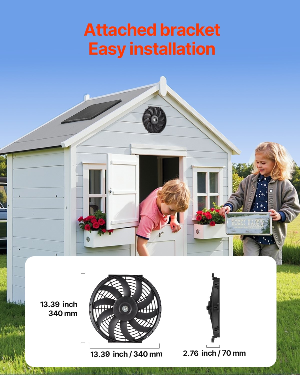 Gable Mount Fan, 12 Inch Solar Power Attic Exhaust Fan with Adjustable Thermostat & Outer Mesh, 1300 CFM House Ventilator Cools Up to 1850 Sq.Ft, Quiet Ventilation for Roof, Garage, Shop, Black