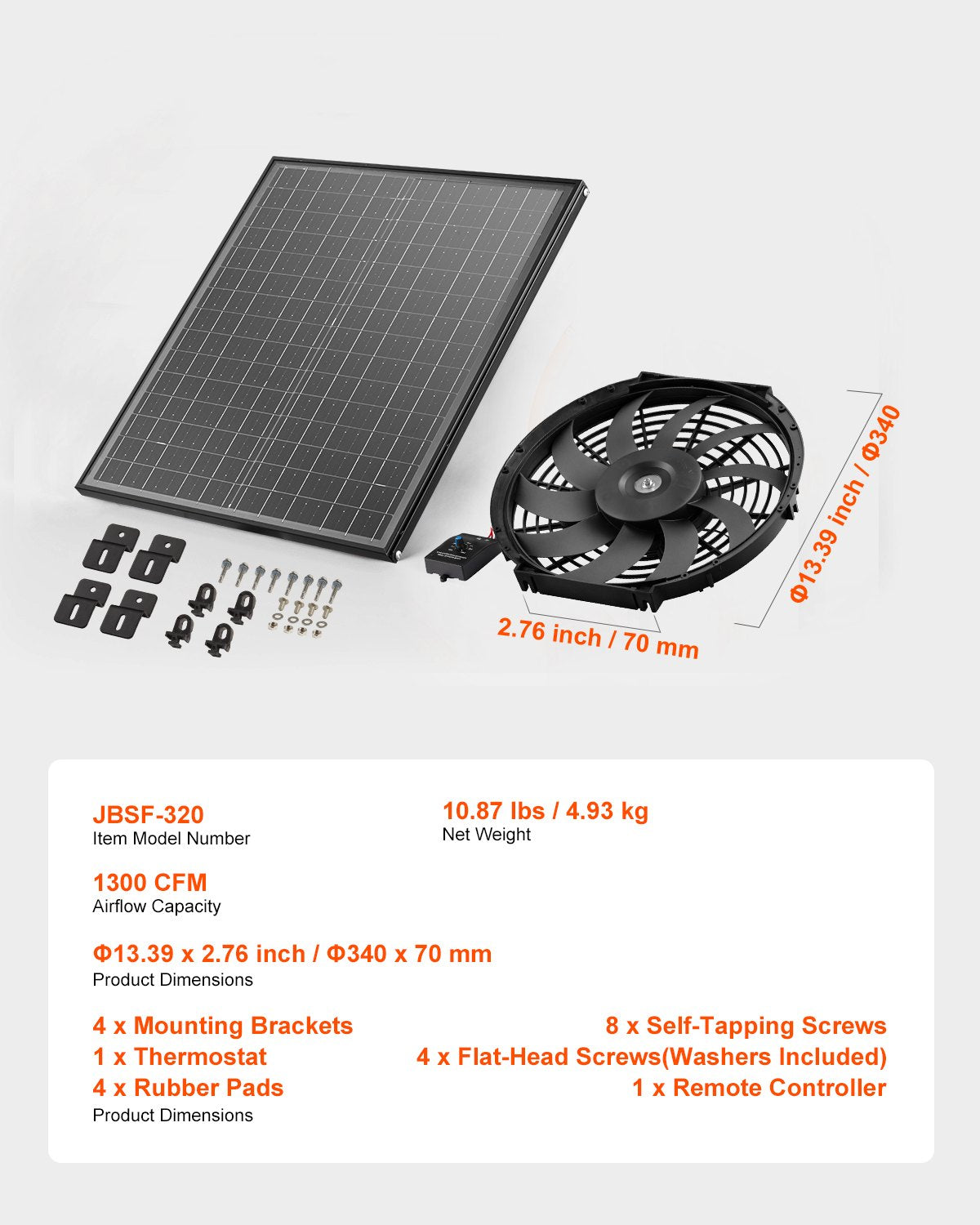 Gable Mount Fan, 12 Inch Solar Power Attic Exhaust Fan with Adjustable Thermostat & Outer Mesh, 1300 CFM House Ventilator Cools Up to 1850 Sq.Ft, Quiet Ventilation for Roof, Garage, Shop, Black
