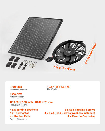 Gable Mount Fan, 12 Inch Solar Power Attic Exhaust Fan with Adjustable Thermostat & Outer Mesh, 1300 CFM House Ventilator Cools Up to 1850 Sq.Ft, Quiet Ventilation for Roof, Garage, Shop, Black