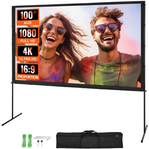 Projector Screen with Stand, 100 inch 16:9 4K 1080 HD Outdoor Movie Screen with Stand, Wrinkle-Free Projection Screen with Bar Feet and Carry Bag, for Home Theater Cinema Backyard Movie Night