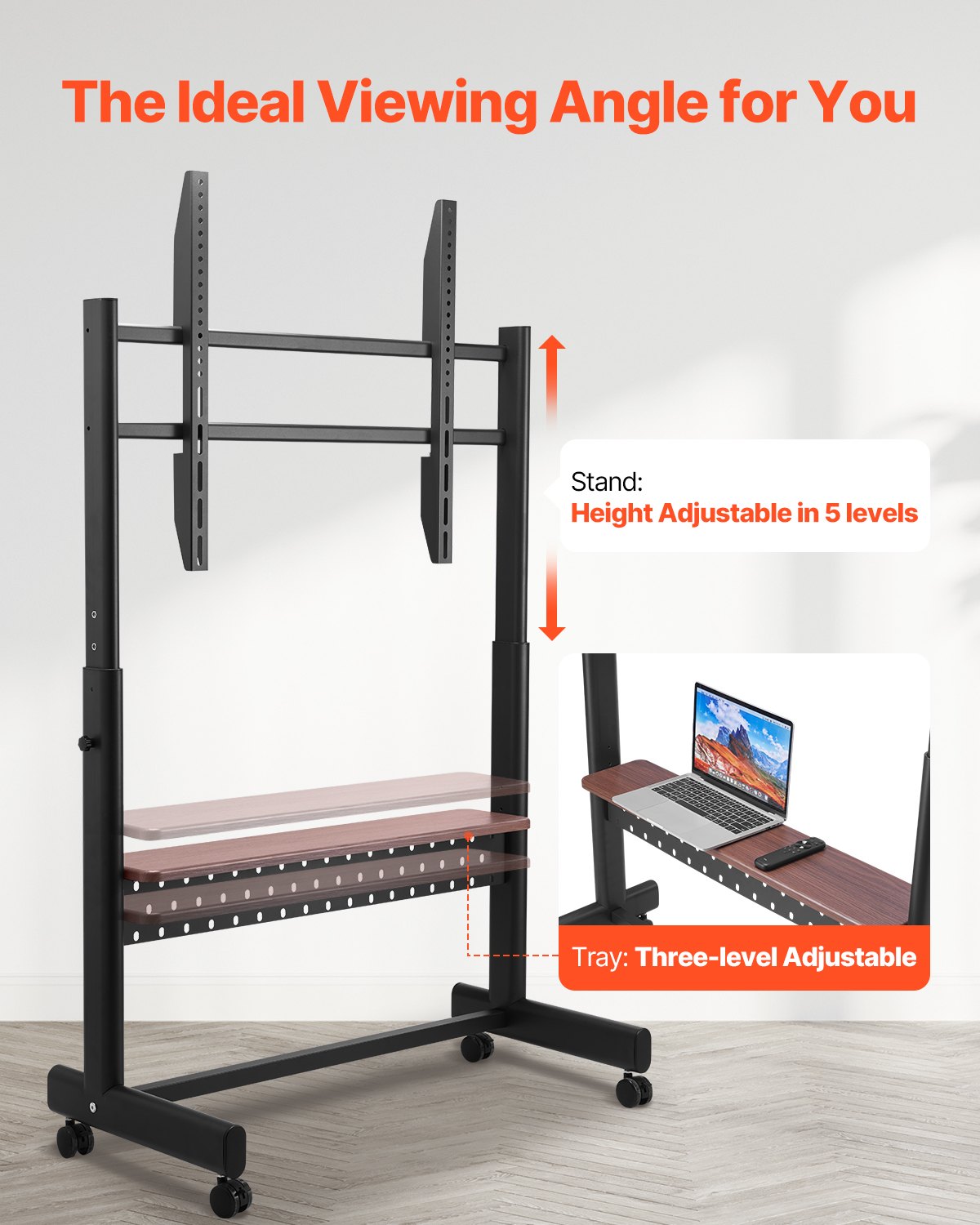 Rolling TV Stand, Mobile TV Cart for 55-100 Inch Screens, Height Adjustable Portable Monitor Stand with Tray, Holds up to 205 lbs for Living Room, Bedroom, Office, Outdoor Max VESA 800 x 600 mm