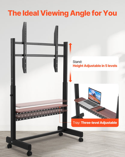 Rolling TV Stand, Mobile TV Cart for 55-100 Inch Screens, Height Adjustable Portable Monitor Stand with Tray, Holds up to 205 lbs for Living Room, Bedroom, Office, Outdoor Max VESA 800 x 600 mm