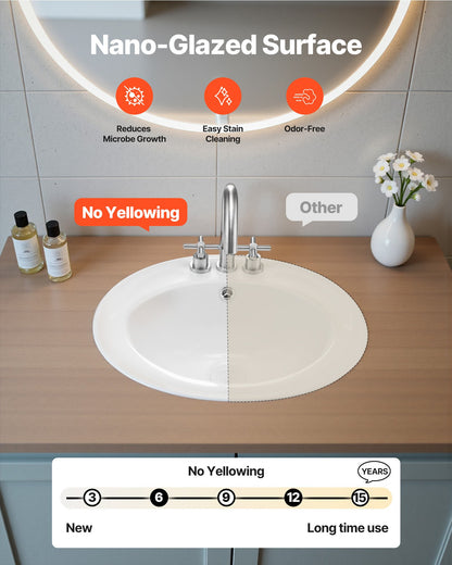 Semi Recessed Bathroom Sink, 485 x 425 mm Oval White Ceramic Vessel Sink with Overflow Hole and 3 Faucet Holes, Drop in Modern Lavatory Vanity Bath Wash Bowl Basin for Bathroom Small Spaces